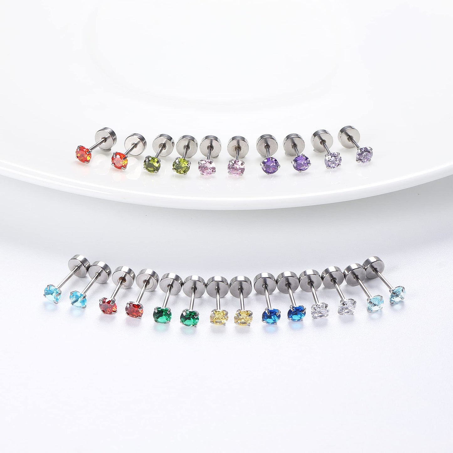 Fansilver 20G Hypoallergenic Flat Back Earrings for Women Men Silver 14K Gold Stainless Steel Stud Earrings Brithstone Cubic Zirconia Studs Surgical Steel Cartilage Earrings for Sensitive Ears