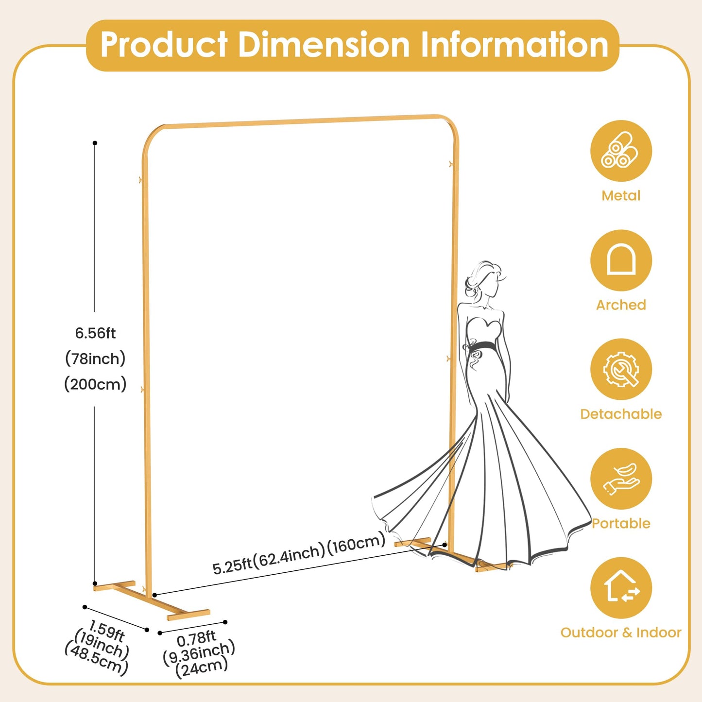 SIMHOMSTOR 5.2 * 6.56 FT Metal Arbor Frame Stand, Garden Arch Trellis for Plants, Wedding Decor Backdrop Flower Stand, Gold