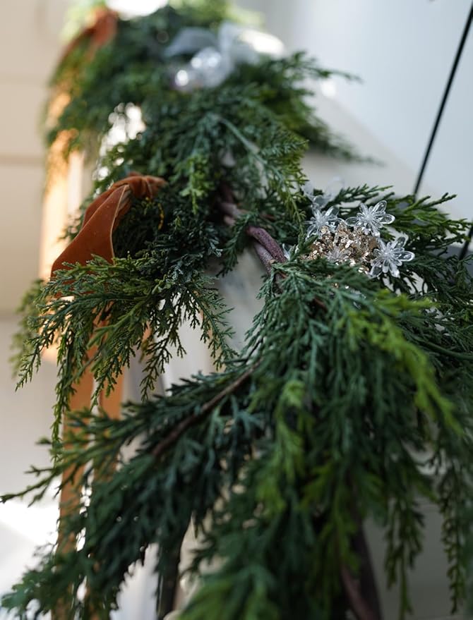 Christmas Cedar Garland,1Pcs 6ft Real Touch Cedar Pine Garland for Mantle Fireplace Outdoor Indoor Christmas Decorations