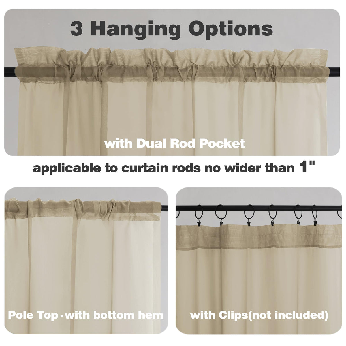 Extra Long Taupe Sheer Curtains 108 Inches Long 2 Panels (2 Count)