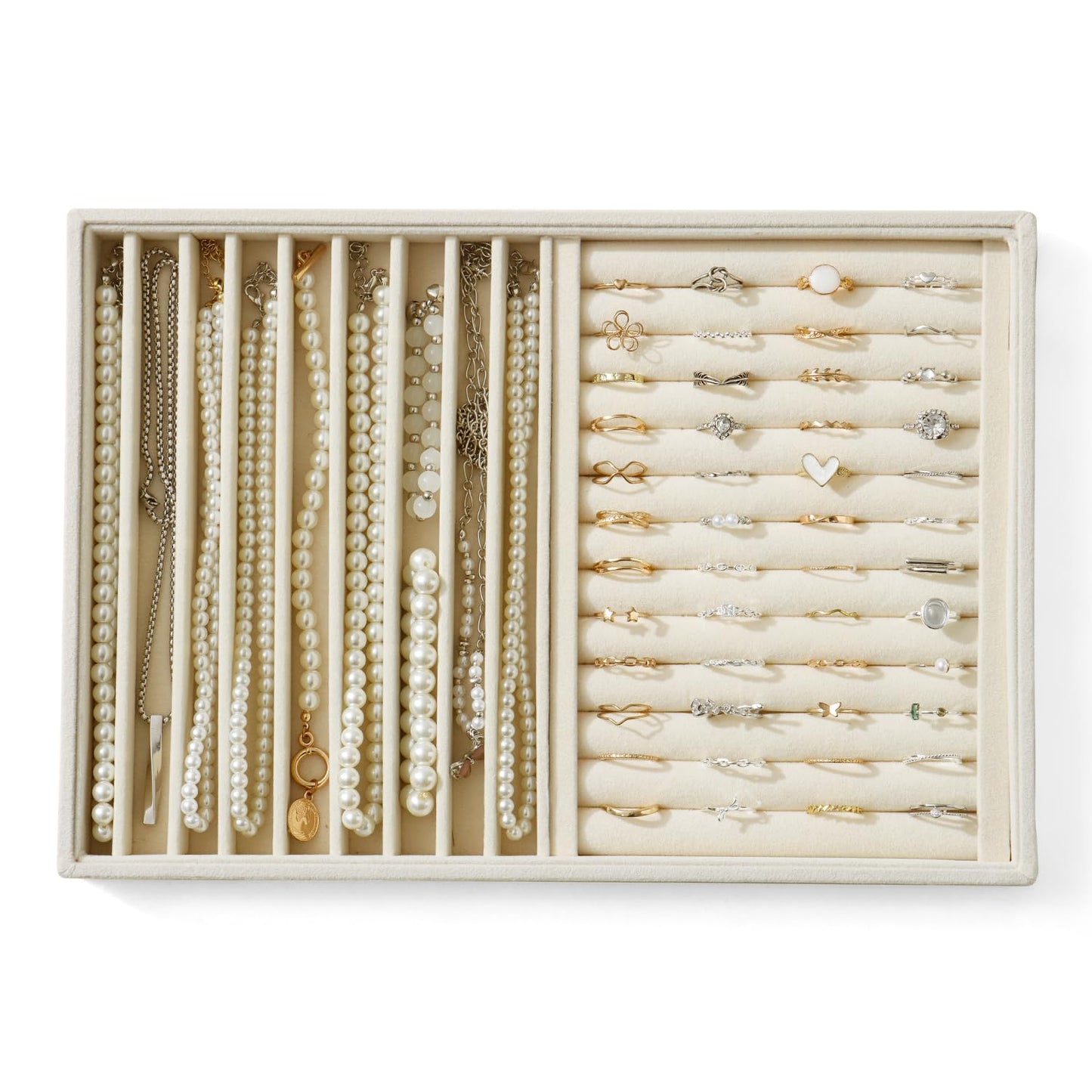 KATISYIO Large Jewelry Organizer for Drawer Insert Velvet Stackable Jewelry Trays for Earring Necklace Bracelet Ring Display (Beige, Ring and 9 Grids)