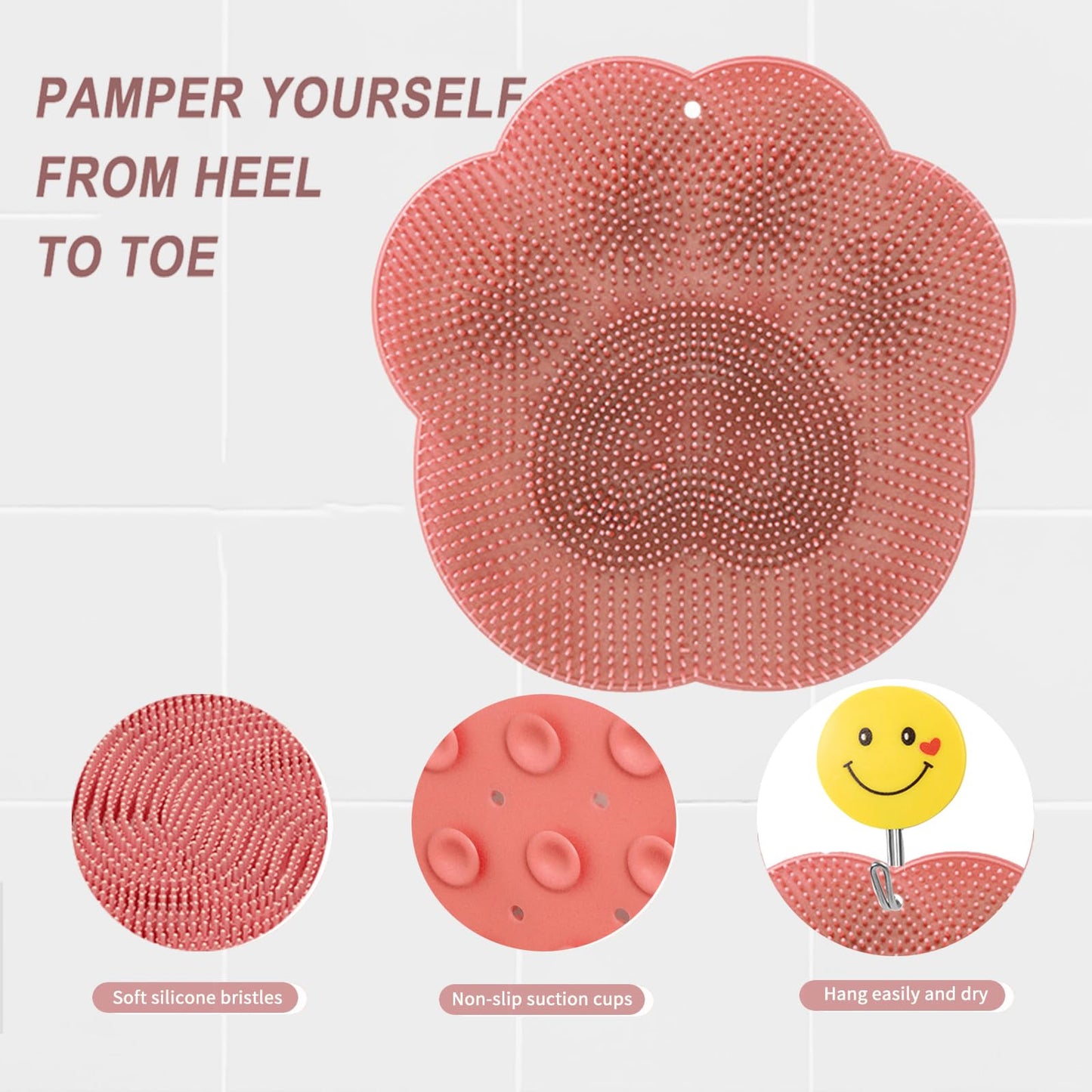 Foot Scrubber in Shower,Shower Foot Scrubber Mat,Silicone Foot Scrubber for Shower,Silicone Body Scrubber with Suction Cups,Bath Feet Scrub Mat with Storage Hook(Pink)