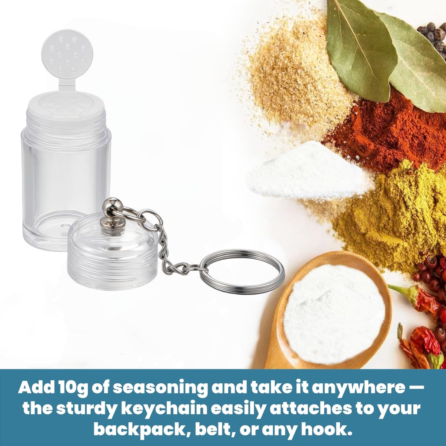 Mini Salt Keychain Bottle – Refillable AS Travel Salt Shaker – Portable Spice Jar with 2 Stickers – Small Key Chain Shaker for Camping, Office, Picnics, Lunchboxes