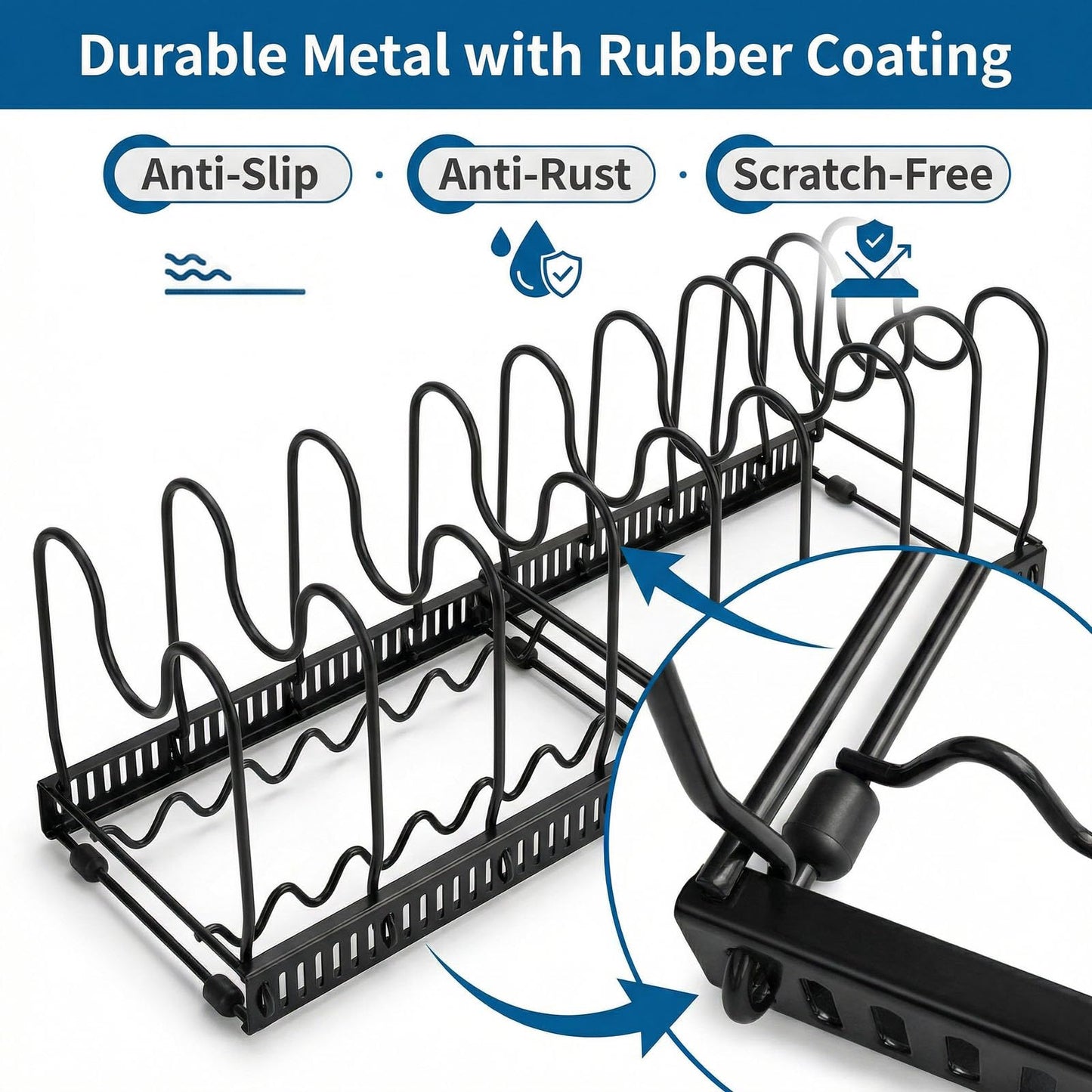 Expandable Pot Rack Organizer for Cabinet, Wave Slot Carbon Steel Pot & Pan Holder with 10 Adjustable Slots, Heavy Duty Cookware Storage for Pans, Lids, Bakeware, Countertop or Under Sink, Black
