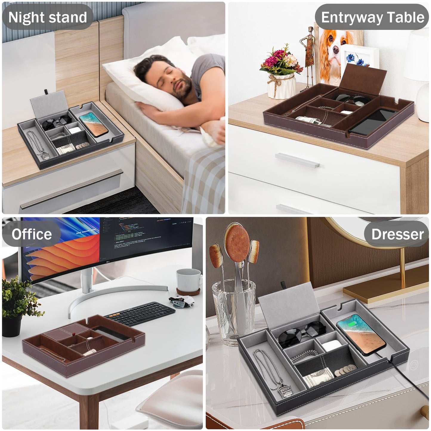 Baoyun Nightstand Organizer Tray,Leather Valet Tray for Men,EDC Catchall with Phone Charging Station,Dresser Top Organizer, 6 Compartments Entryway Box for Wallet, Keys, (Black)