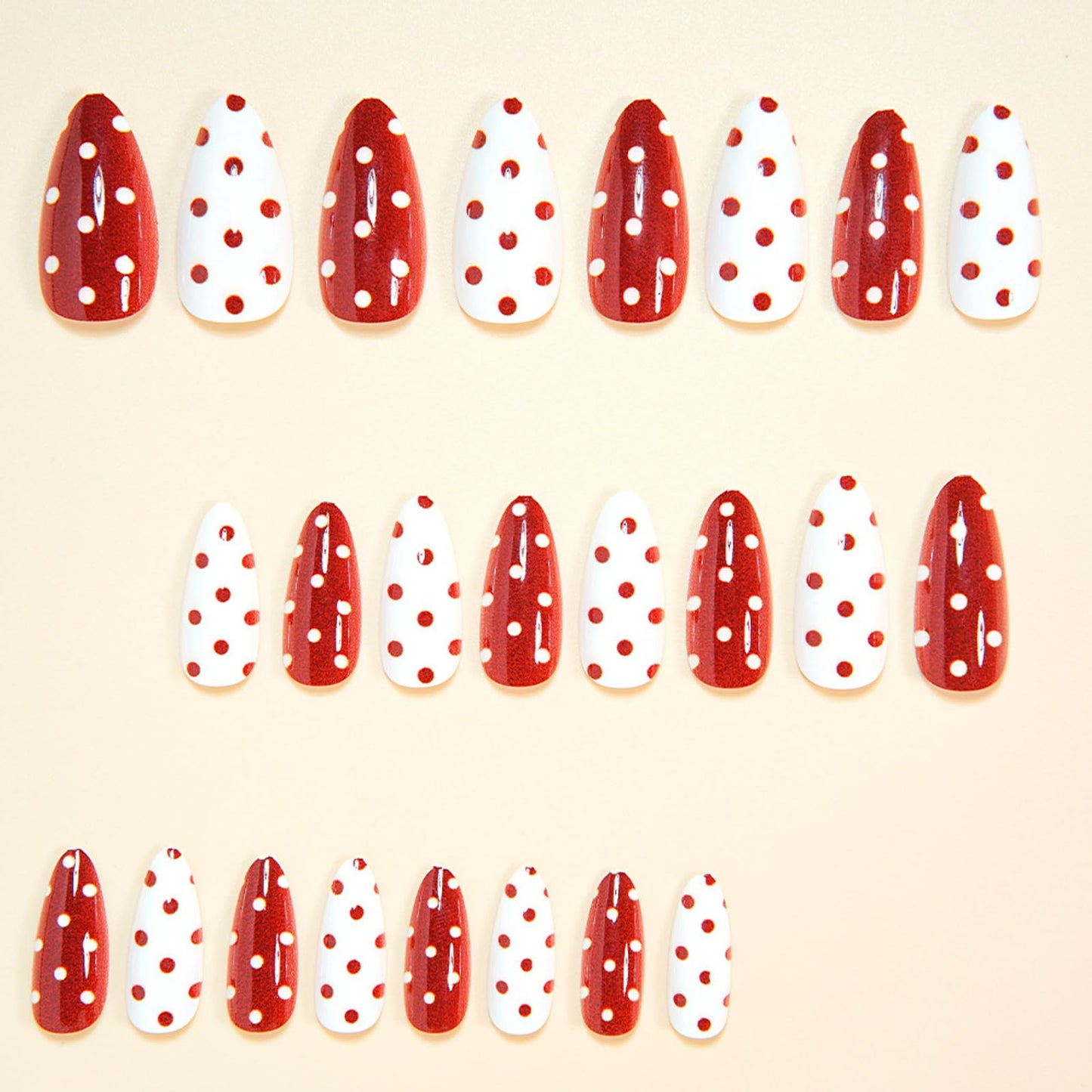 IMSOHOT Press on Nails Medium Almond Fake Nails Red White Polka Dot False Nails Glossy Artificial Handmade Acrylic Glue on Nails for Women Girls Manicure 24Pcs