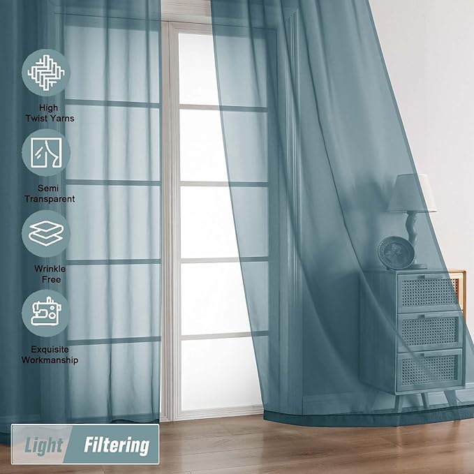 Dusty Blue Sheer Curtains 63 Inch Length 2 Panels, Voile Sheer Curtain for Living Room, Breathable Light Filtering Window Treatments, Soft Fabric Dual Rod Pocket Drapes, 2x42Wx63L Inches