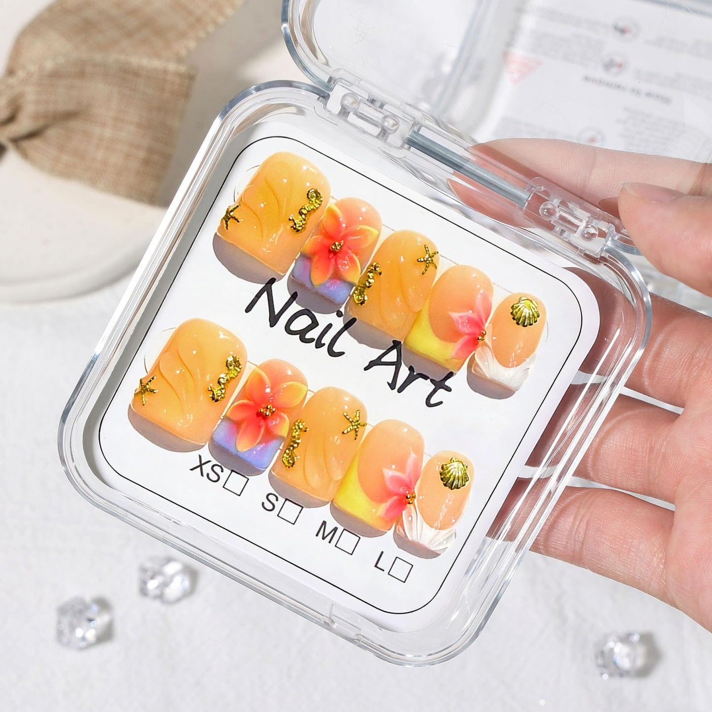 10 Pcs Yellow Handmade Press on Nails Short Square Fake Nails with 3D Flower Seashell Ocean Design Acrylic French Tip False Nails M Size Short Press Ons Nails Square for Women Nail Art