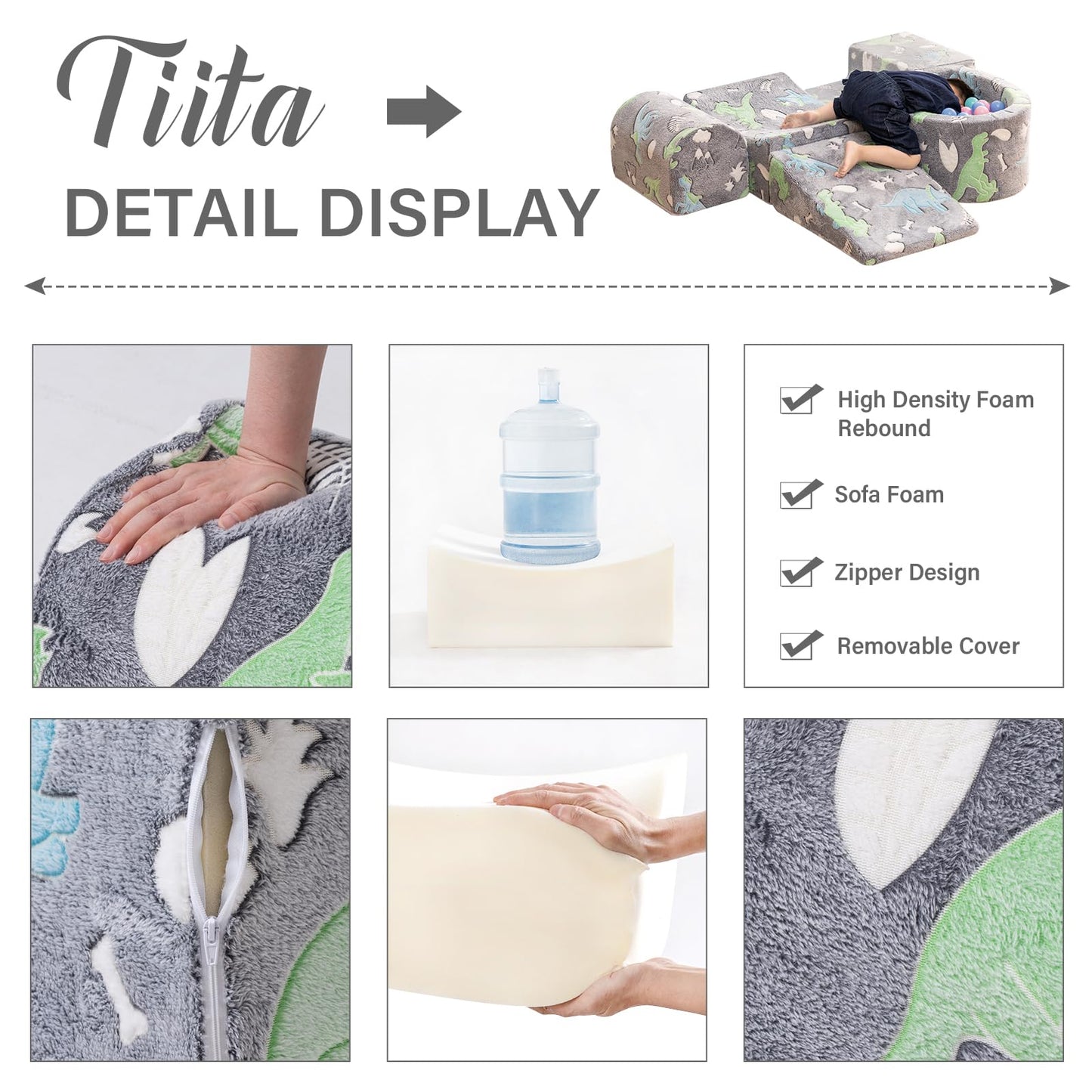 Tiita Baby Climb and Crawl Playset 5-Piece, Kids Foam Climbing Block with Small Ball Pit - Indoor Soft Play Climber for Playtime Fun, Grey Star, Green Dinosaur
