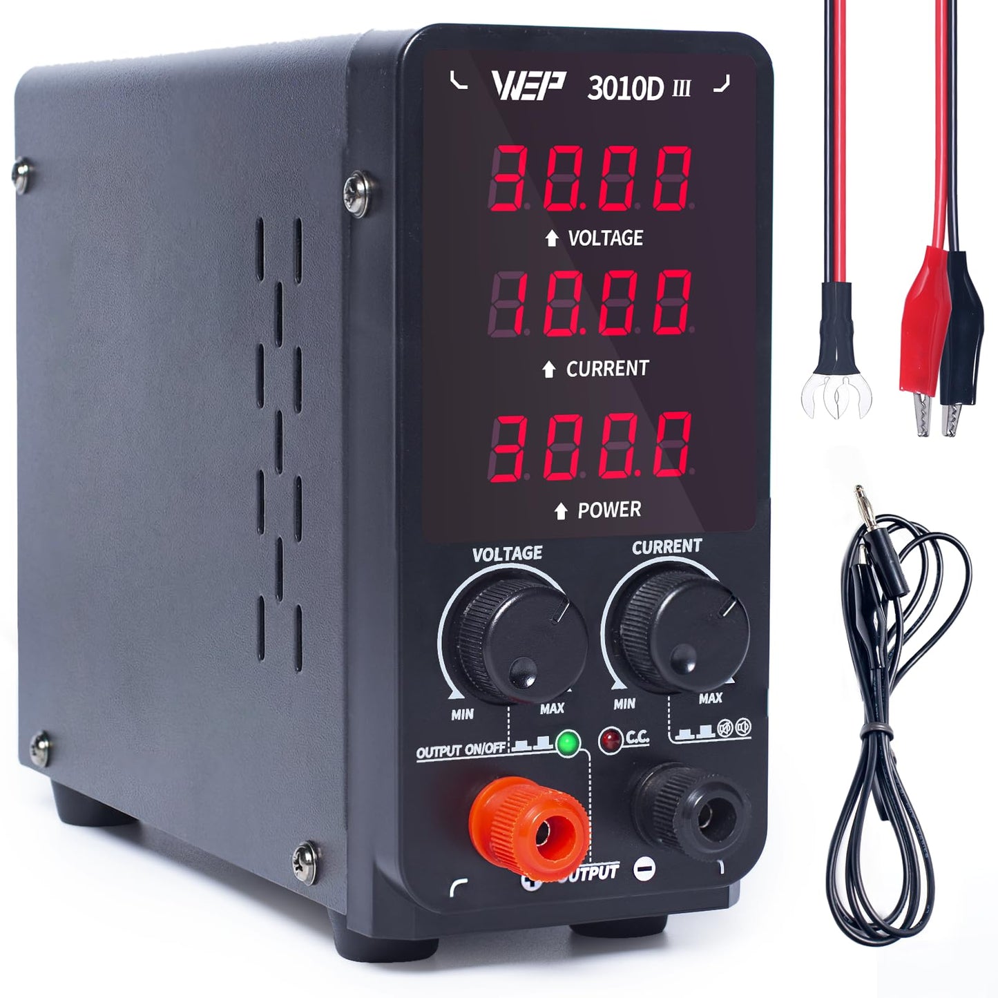 WEP 3010D-III DC Variable Power Supply 30.00V 10.00A High Precision Bench Lab Power Supply with Alligator Clips for anodizing kit, Electroplating, arduino, breadboard