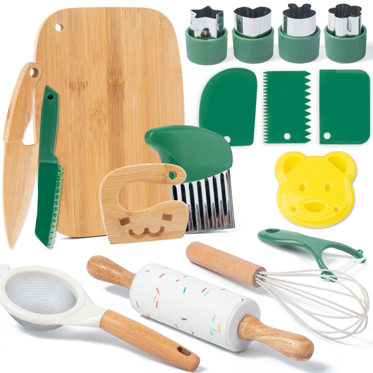 17 PCS Kids Knife Set for Real Cooking, Montessori Kitchen Tools for Toddlers, Cooking and Baking Set for Kids Little Chefs, Crinkle Cutter, Cutting Board, Safe Knife