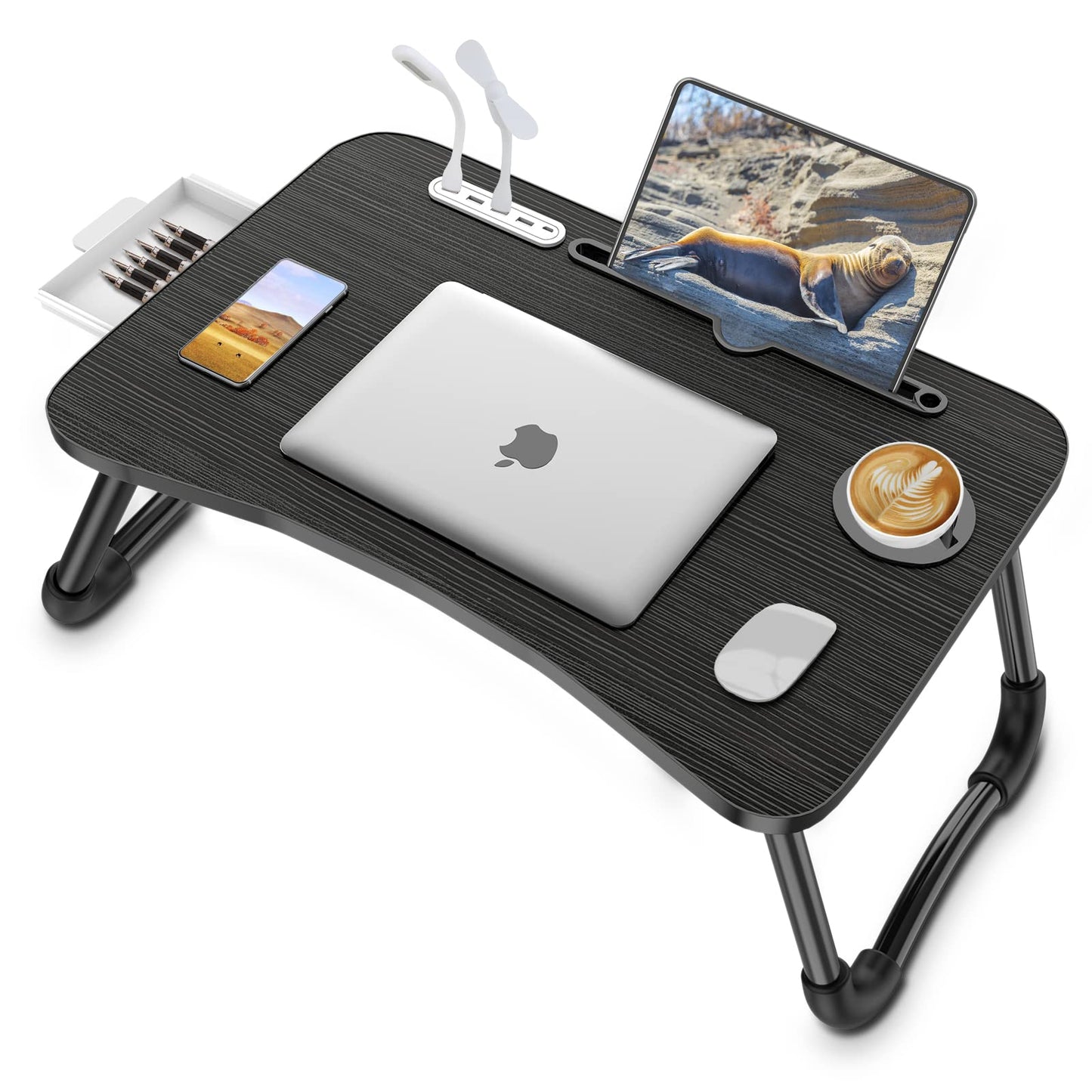 Zapuno Laptop Lap Desk, Foldable Laptop Table Tray with 4 USB Ports Storage Drawer and Cup Holder, Lap Bed Desk Notebook Stand Laptray Portable Standing Table for Bed Couch Floor