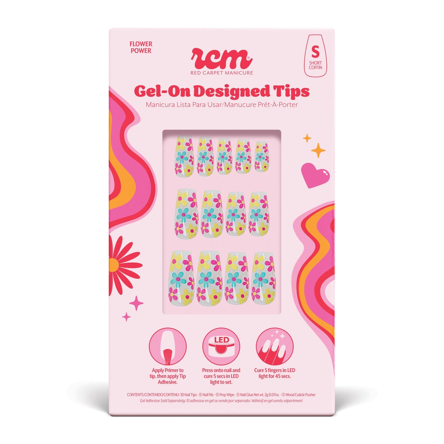 RC Red Carpet Manicure Gel-On Designed Tips - Full Coverage, Flexible, Break-Resistant, 21-Day Wear, UV/LED Cured Gel Adhesion for Natural Look (Flower Power Short Coffin)