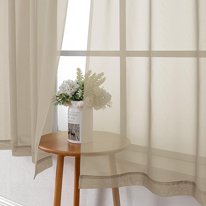 Lecloud Taupe Sheer Curtains 63 Inch Length 2 Panels, Airy & Breathable Solid Voile Tan Bedroom Drapes with Dual Rod Pockets, Gauzy Farmhouse Living Room Window Treatments, 40" W x 63" L
