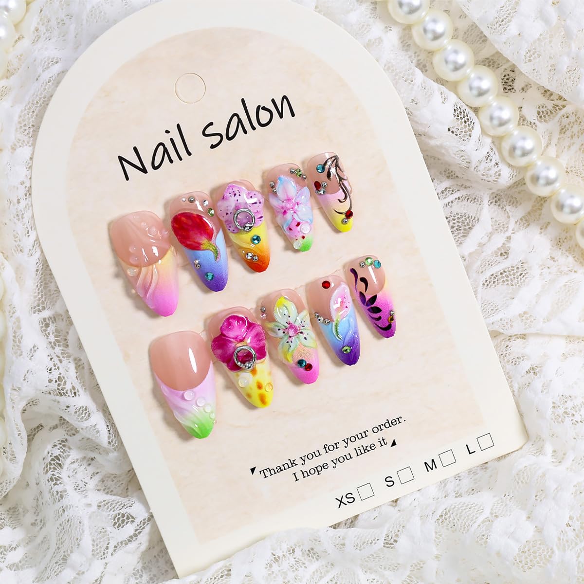 24Pcs 3D Flower Press on Nails Medium Almond Fake Nails French Tip False Nails with Silver Pearl Rhinestones Gilding Design Colorful Summer Stick on Nails Full Cover Artificial Glue on Nails for Women