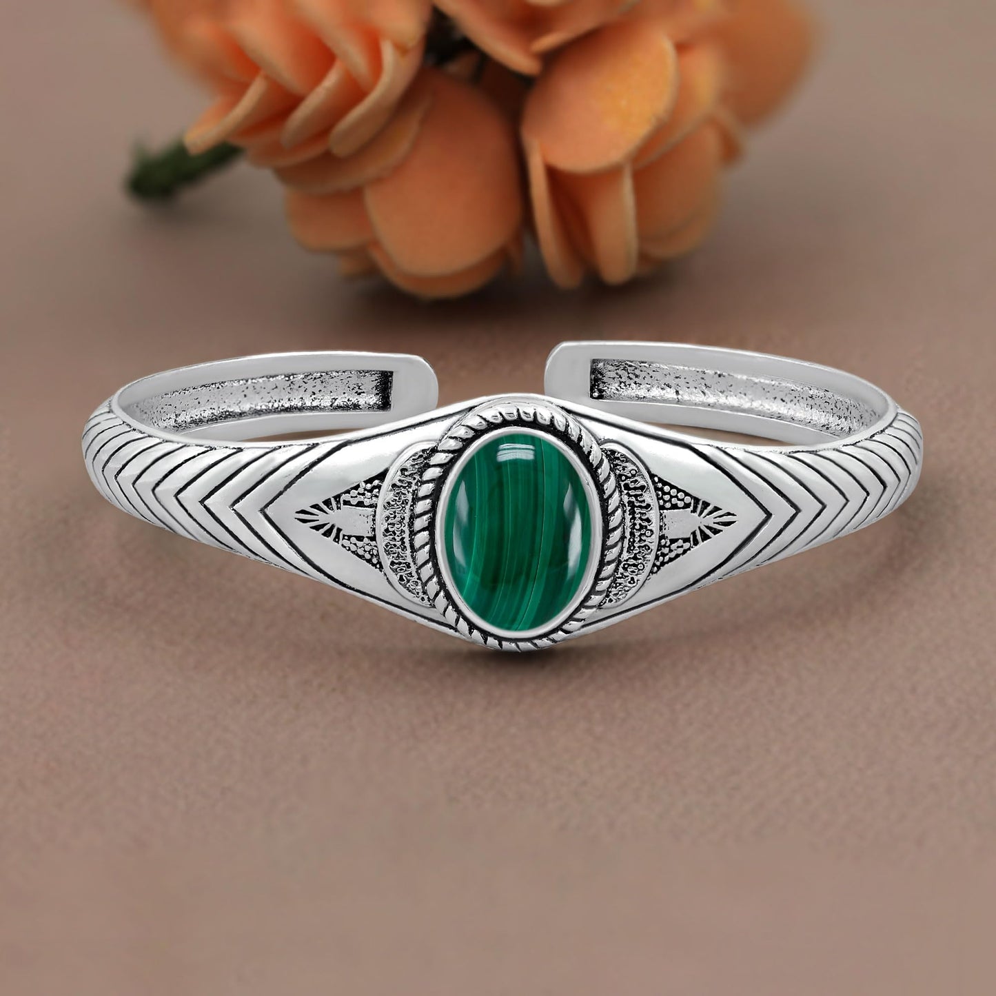 Malachite Cuff Bangle Bracelet for Men Women – Handmade 925 Silver Plated Adjustable Boho Jewelry – Natural Gemstone April Birthstone Bangle – Elegant Gifts for Birthday Anniversary
