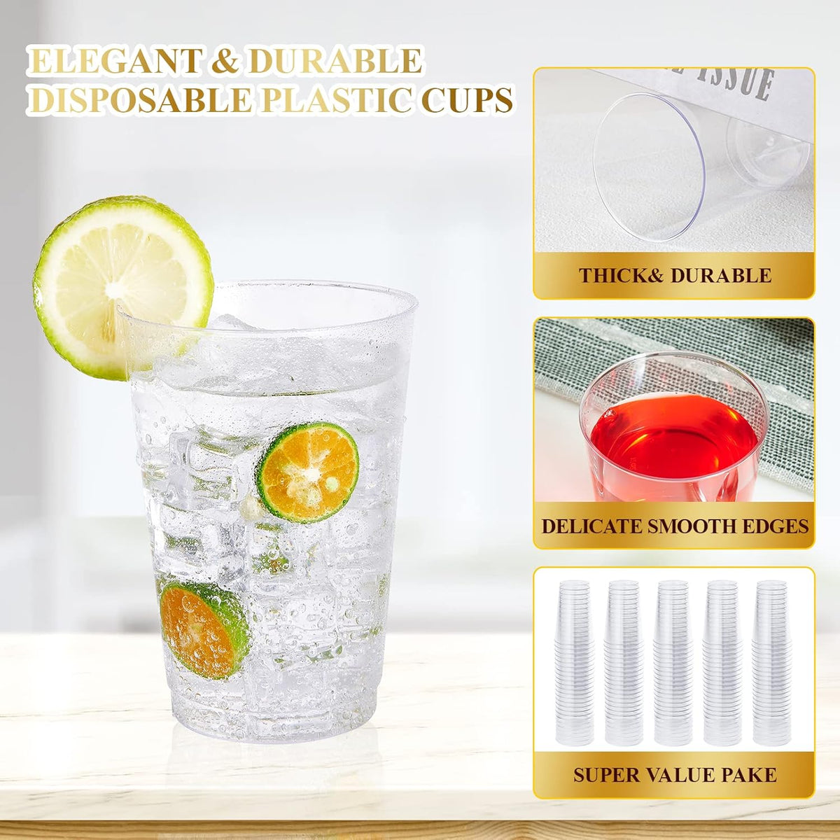Vplus 150 Pack 12 OZ Reusable Clear Plastic Cups, Disposable Heavy Duty Plastic Cups for Party, Christmas, Wedding, Thanksgiving, Halloween