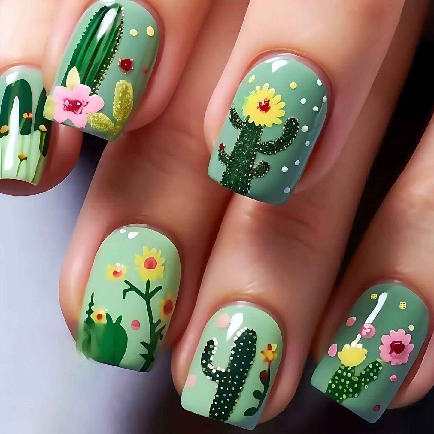 Short Rectangle Press on Nails Light Mint Green Base Dark Green Cactus Motifs Pink Stick on Nails Yellow Flower Glitter Dots Manicure Artificial Nails Suitable for Cute Fresh Unique Charming 24 Pcs