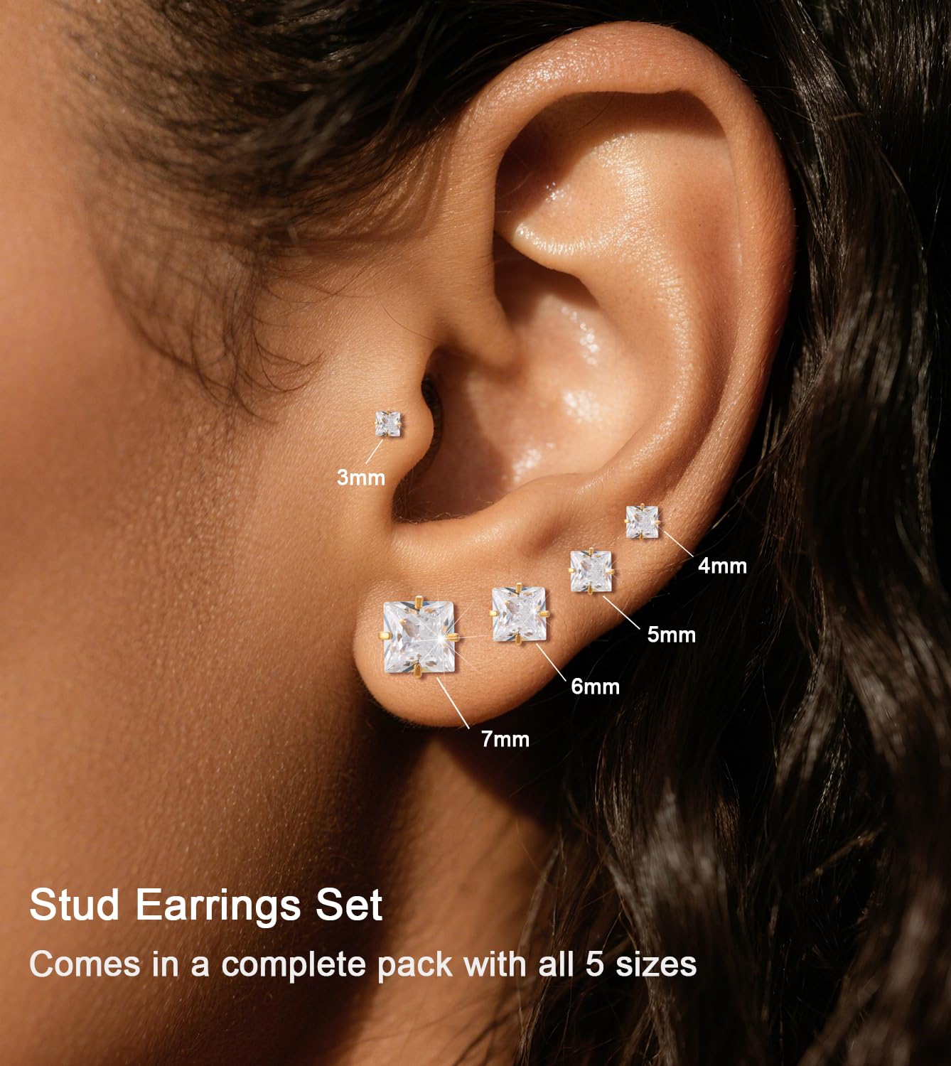 Princess Cut Square CZ Stud Earrings Flat Back, Screw Back Small Gold Clear Cubic Zirconia Studs Earrings Set for Women Men, Pack of 5 Pairs (3-4-5-6-7mm)