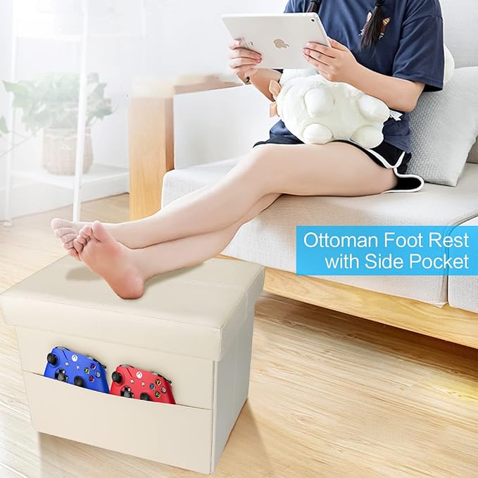 AmasSmile Storage Ottoman Folding Foot Rest Stool with Side Pocket, 16 inch Leather Footstool Bench, Short Ottoman Bench, Storage Foot Rest Store, Books (Beige-2)