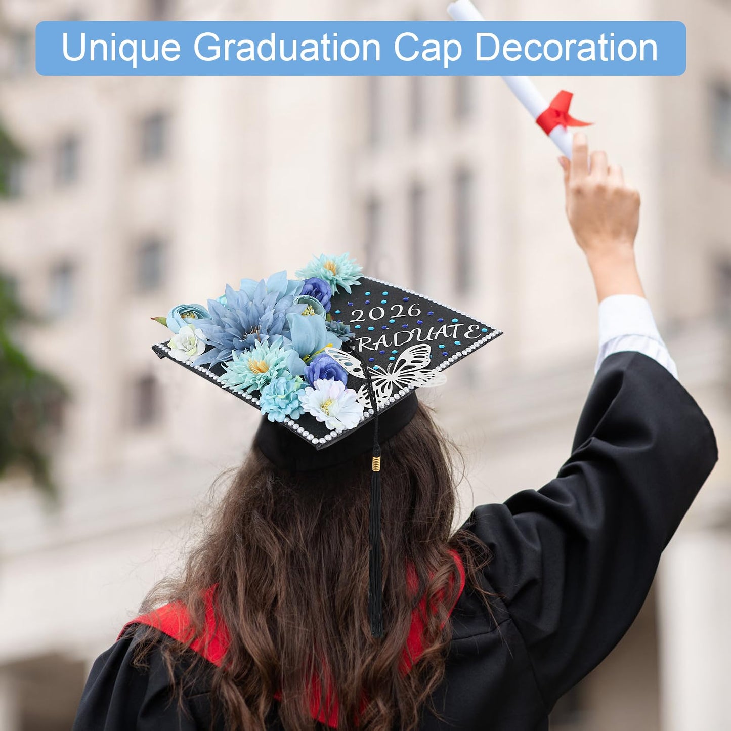 TKNOUS DIY Graduation Cap Decorations Accessory Kit, 3D Butterfly Faux Flower Heads for Grad Hats Decor Rhinestones Stickers Alphabet Letter Stickers Glitter Paper for Cake Wreath Art DIY (Blue)