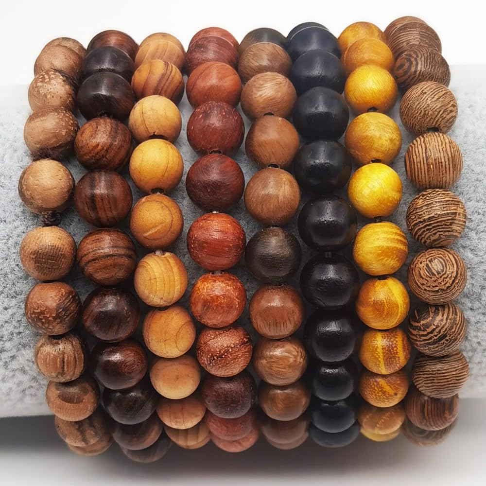 INSPIRELLE 8 Pieces Natural Wood Elastic Beaded Bracelet for Men and Women