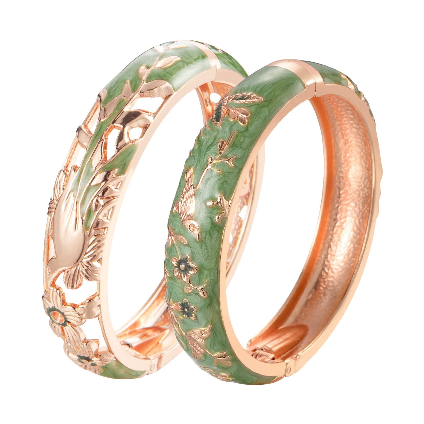 UJOY Colors Handcraft Jewelry Cloisonne Bracelet Enamel Hollowed Bird Spring Hinged Womens Bangles Gifts Box 88A31-55C49 Green