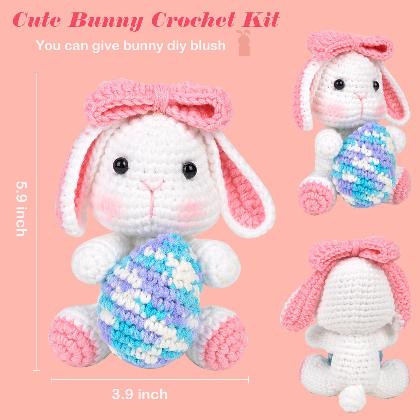 ChezMax Crochet Kit for Beginners, Easter Bunny Crochet Animal Kit with Yarn, Starter Kit with Step-by-Step Video Tutorials, Learn to Crochet Kits for Kids and Adults, DIY Knitting Craft Supplies Gift