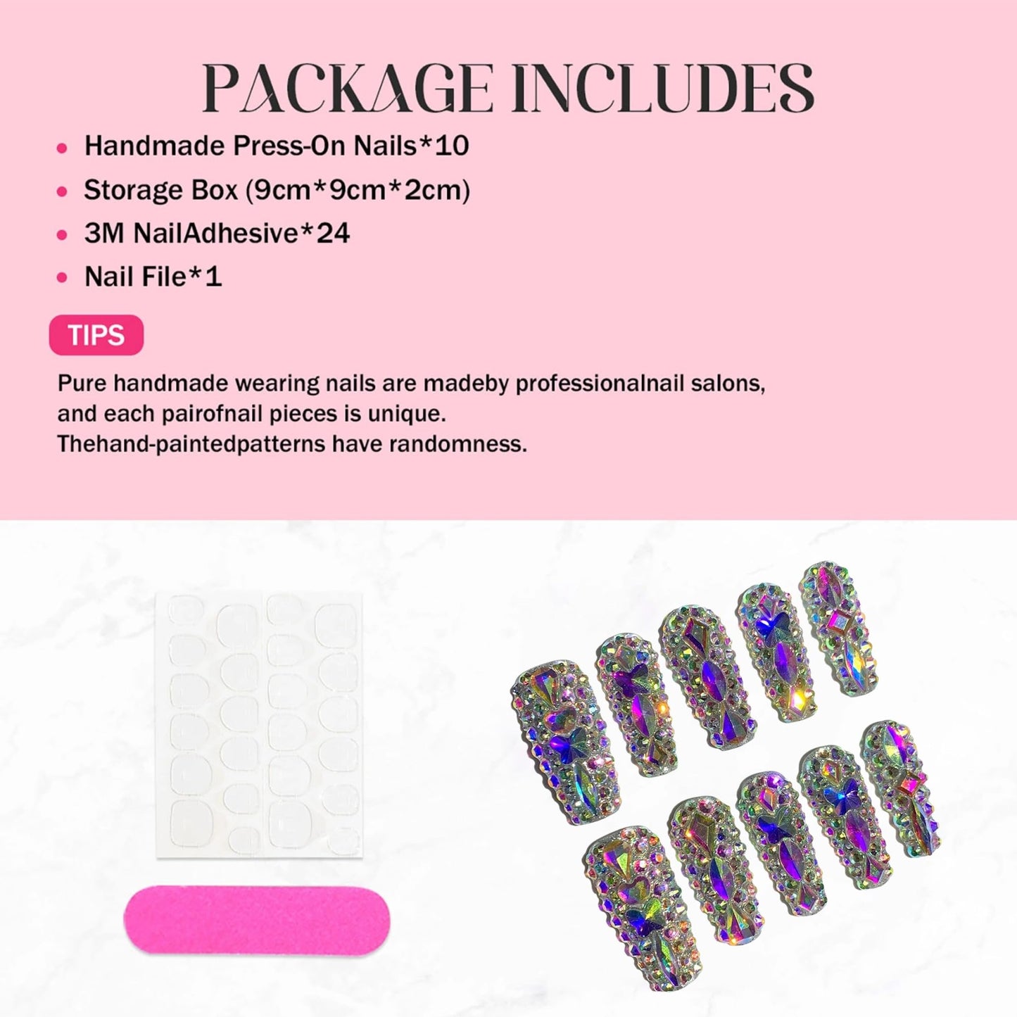Luxury Handmade Press on Nails Long Coffin Fake Nails Rhinestone Crystal Full Cover False Nails with Glue with Designs Sparkly Long Acrylic Nail Reusable Stick on Nail for Women 10Pcs(Size M)
