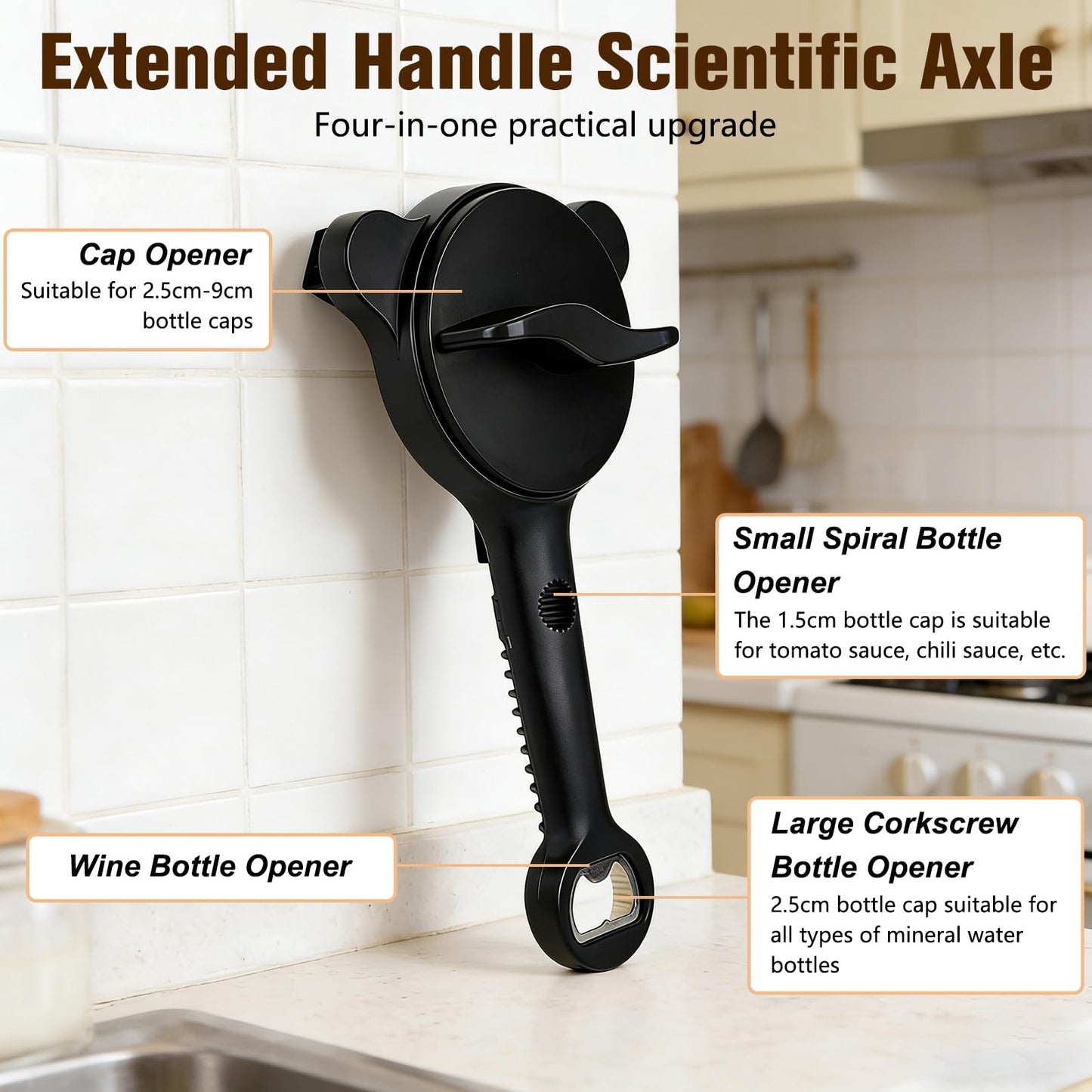 4 in 1 Multi-Purpose Jar Opener,Adjustable Stainless Steel Jar Opener,Multi-Functional Retractable Jar & Bottle Openers,Multi Size Lid Tool for Jars Cans Wine Bottles,Home Kitchen Helper(Black)