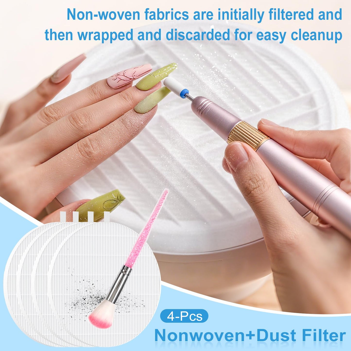 4-Pack Nail Dust Collector Replacement Filters with 100 Sheets Pink Filter Paper with Cleaning Brush- Home & Salon Use