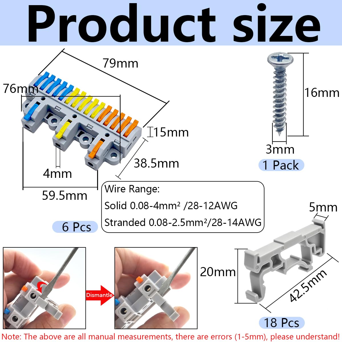 CESFONJER 3-in-15-out Terminal Block Kit (6 Sets), High-Capacity Lever Wire Connectors, Triple Input to Fifteen Output, DIN Rail & Screw Fix, applies to 28-12AWG Cable
