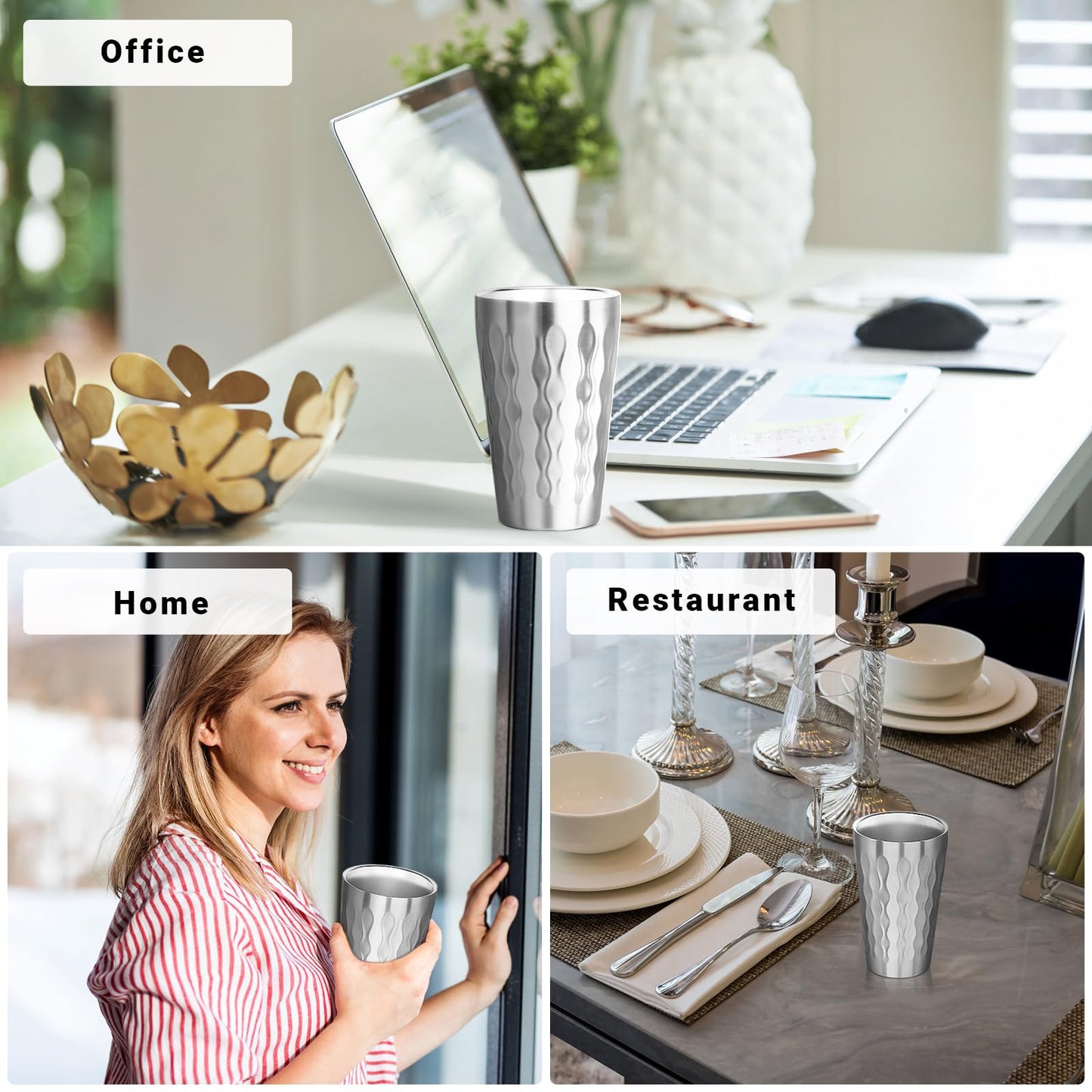 Offiper Stainless Steel Double Wall Cups, 16 oz Insulated Tumbler, 4 Pack Unbreakable Stackable Water Tumblers Insulated Metal Cup Premium Drinking Glasses for Travel Camping Home Outdoor