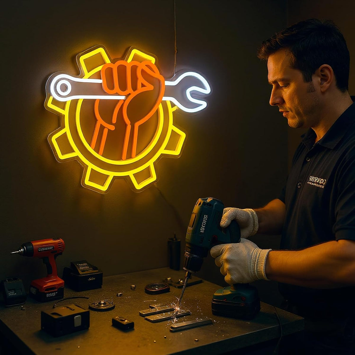 Wrench Neon Sign for Wall Decor – USB Powered LED Garage Sign with Dimmer, Car Room Accent Light, Auto Repair Workshop Wall Lamp, Man Cave Neon Decor, Gift for Dad or Car Enthusiast 13"x14.3"