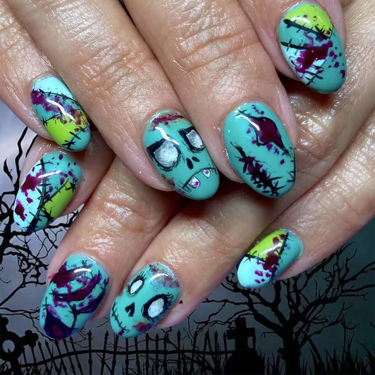 Halloween Green Press on Nails Short Oval Fake Nails Goth Nails Press ons with Zombie Bloodstain Design-Reusable Artificial Nail Full Cover Glossy Glue on Nails Stick on Nails for Women Manicure 24Pcs