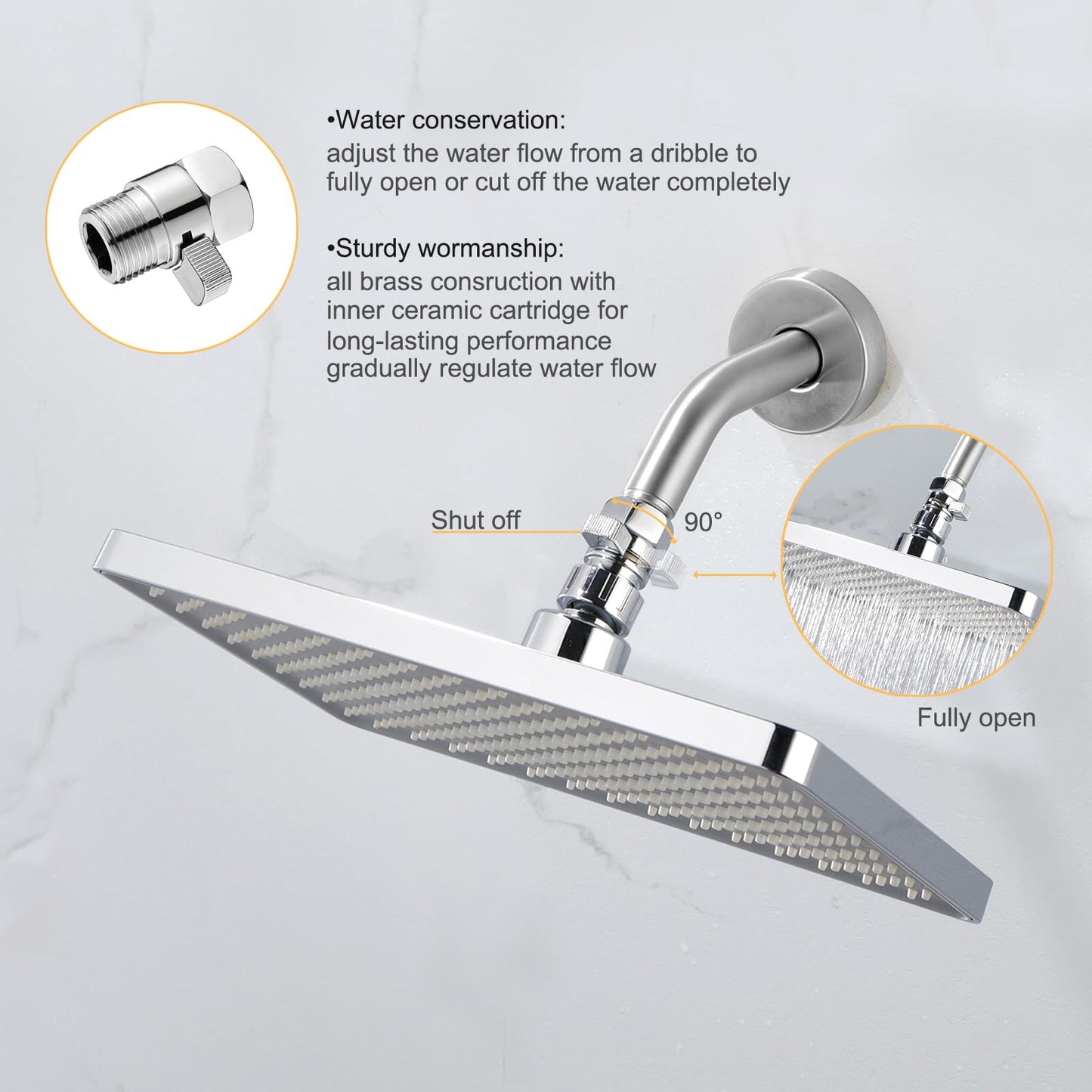 Chrome Water Flow Control Valve, G1/2" Shower Head Flow Control Valve, Brass Shut Off Valve for Handheld Shower, Water Pressure Regulator Replacement for Shower System