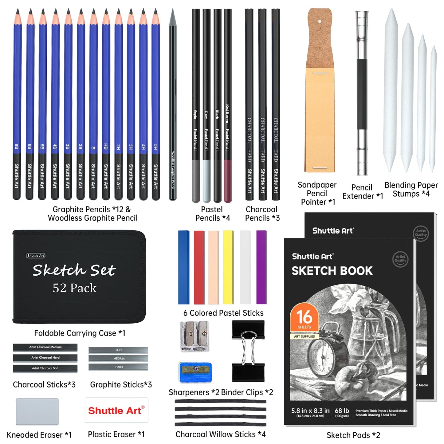 Shuttle Art 52 Pack Drawing Pencils Set, Professional Art Kit with Graphite Charcoal Sticks, Drawing Pad in Portable Case, Ideal for Kids and Adults Artists