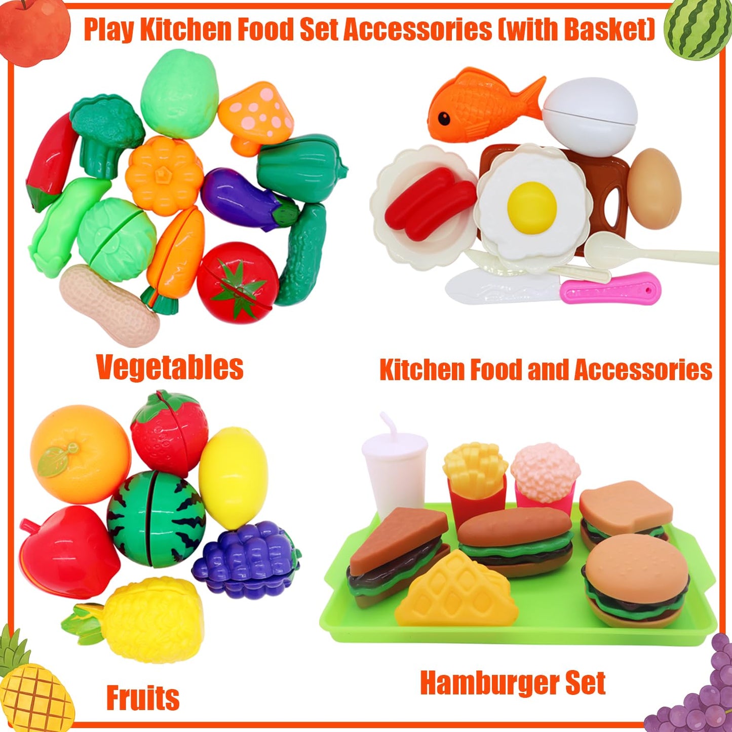 HOXBUR Pretend Play Kitchen Accessories for Kids, 77Pcs Cutting Fruits Vegetables Hamburger Toy Kitchen Accessories with Baskets for Toddlers 3 Years Old