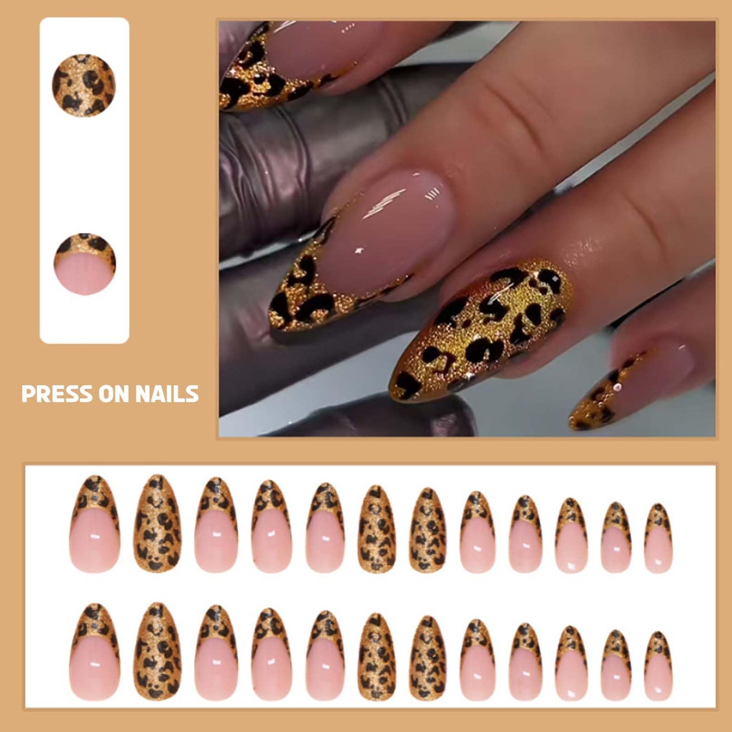 Hkanlre Medium Press on Nails Flower Fake French Nails Tips Full Cover Almond Leopard Print False Nails for Women 24PCS