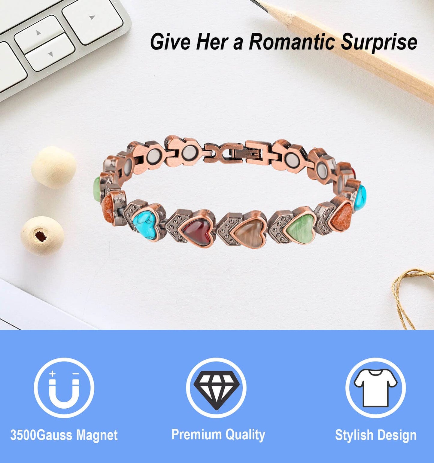YOIHOJET Copper Bracelet for Women, Magnetic Copper Bracelets, Magnetic Turquoise Copper Bracelets with Adjust Tool