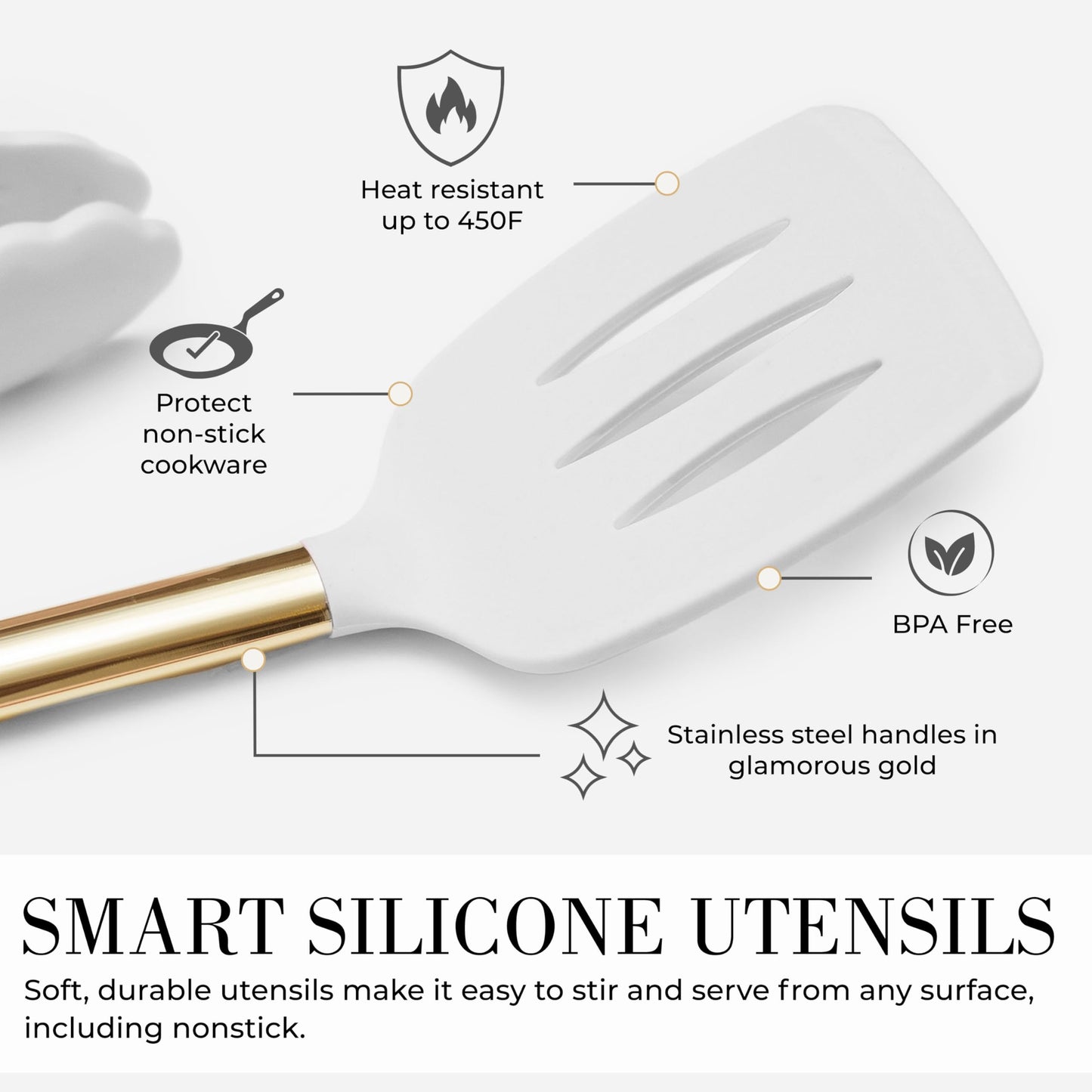 White Silicone and Gold Cooking Utensils Set with Gold Utensil Holder - 7-Piece Silicone Cooking Tools - Ideal for Nonstick Cookware and Stylish Modern Kitchens - Luxury Kitchen Accessories.