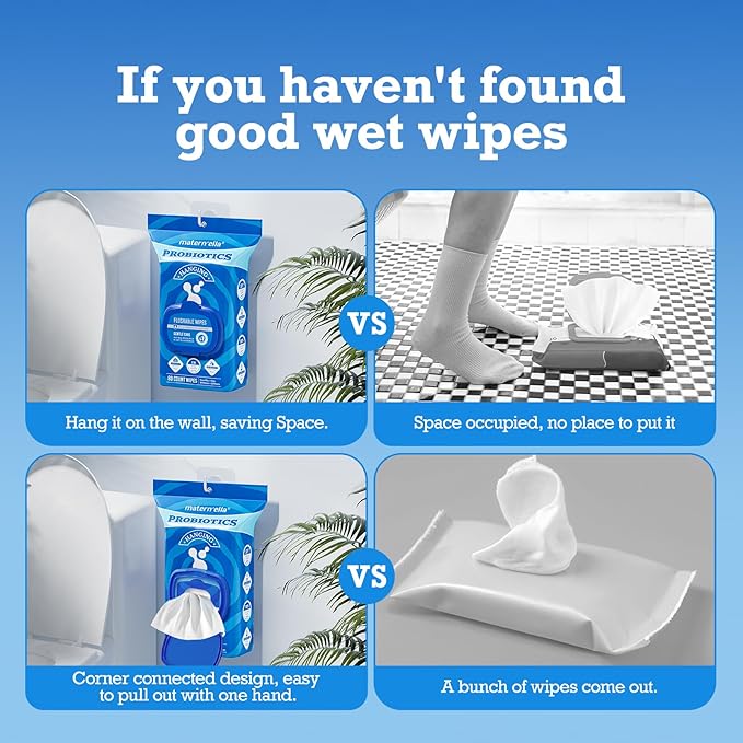 matern'ella Hanging Flushable Wipes Unscented Extra Large Corner-Connected Wet Wipes Adult Plant Based Fibers with Probiotics Alcohol Free Sewer Safe Butt Wipe Travel 8 Packs 640 Wipes