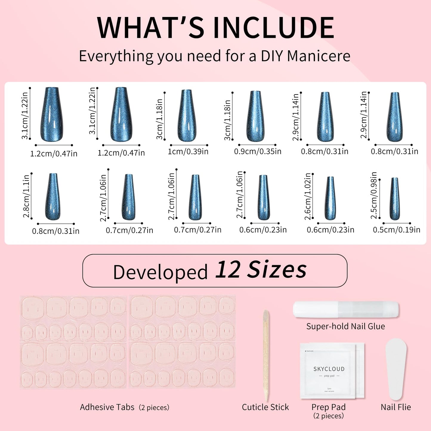 Blue Cat Eyes Press On Nails,12 Sizes - 24 Pcs Soft Gel Blue Long Coffin Fake Nails Kit with Nail Glue, Natural Reusable Stick On False Nails for Women and Girls SK1040