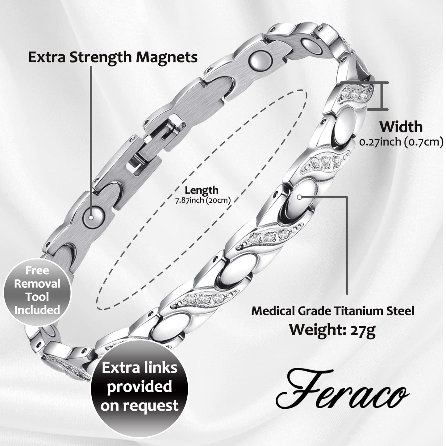 Feraco Magnetic Bracelet Ring for Women Titanium Steel Magnetic Bracelet with Magnets Sparkling Crystals
