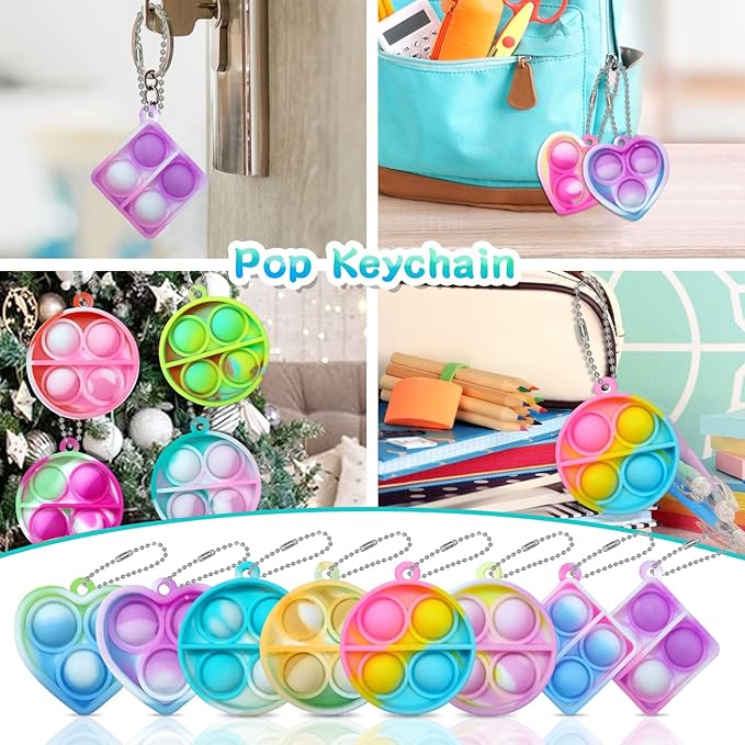 ONKULL Pop Fidget Keychain 90 Pack ,Mini Fidget Toys Bulk ,Sensory Toys for Kids ,Party Favors for Kids 4-8,8-12 Year ,Back to School Gifts for Classroom ,Valentines Goodie Bags Stuffers