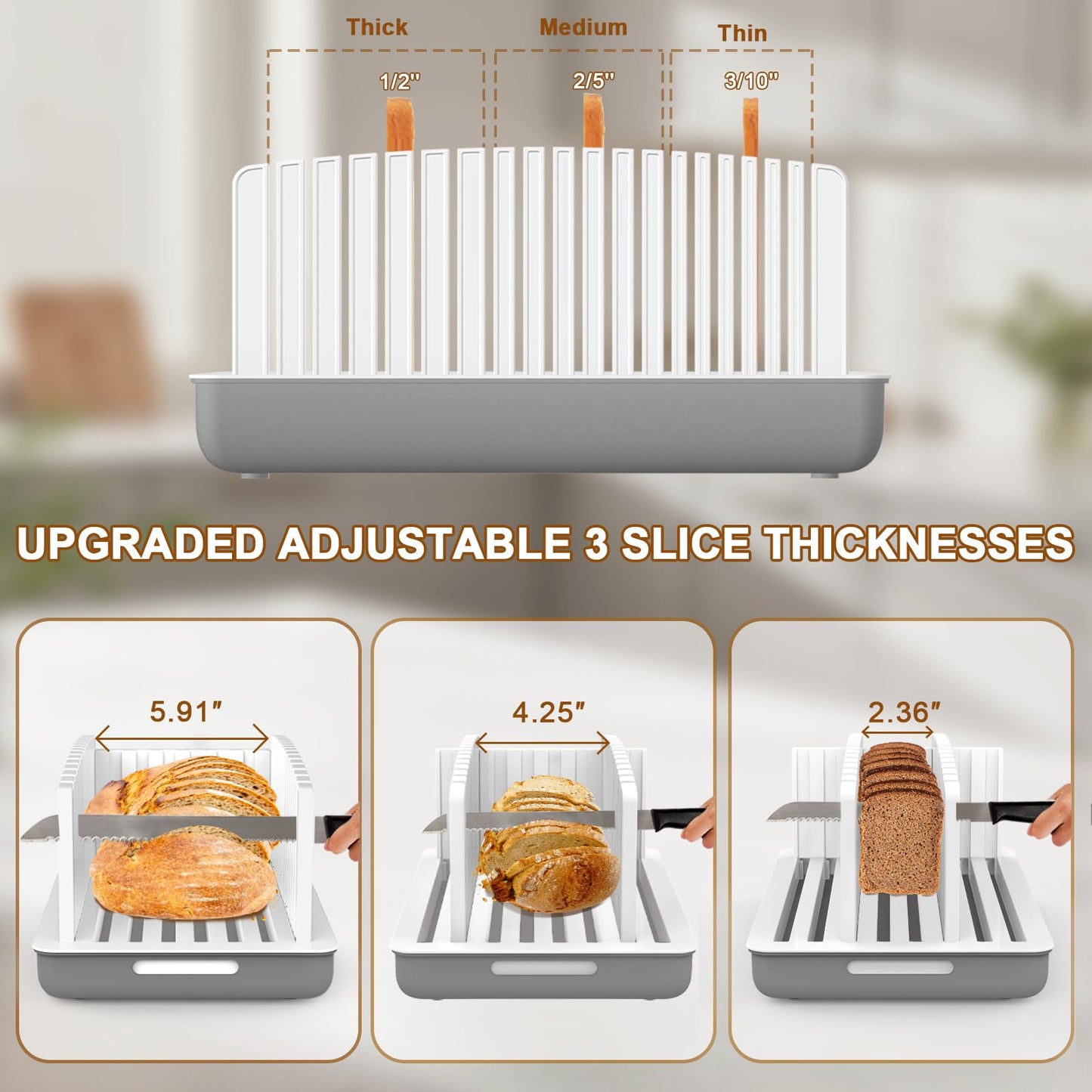 Kiss Core Upgrade Bread Slicer for Homemade Bread, Bread Slicer Guide Adjustable Width and Thickness, Foldable and Compact Cutting Guide with Crumb Tray, Suitability for Homemade Bread, Bagels, Cakes