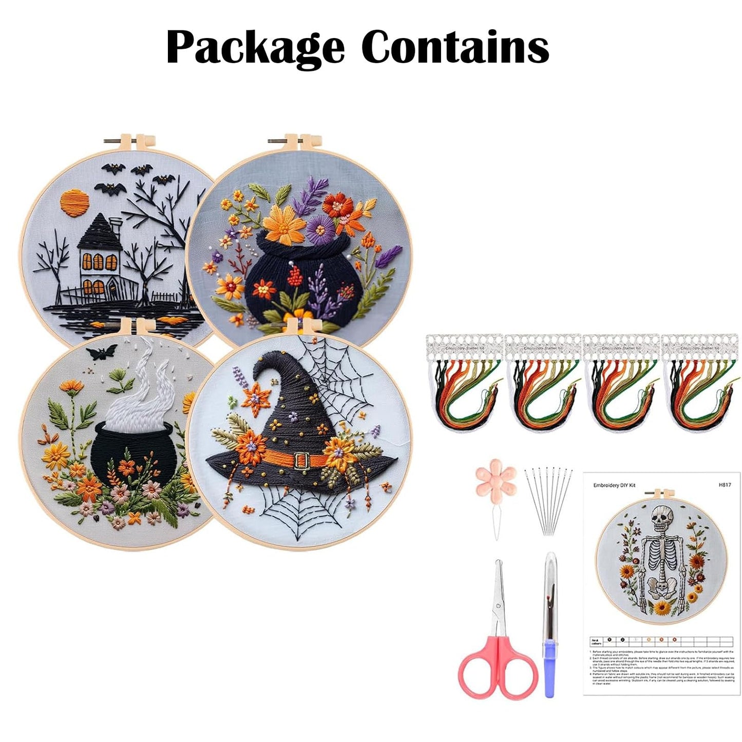 4 Set Halloween Embroidery Kit, Halloween Crafts for Adults, DIY Cross Stitch Craft Kit, with Needles and Thread Included (# A)
