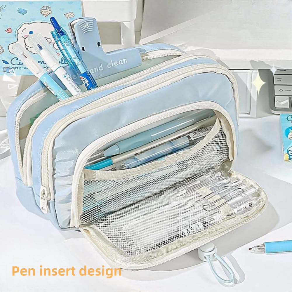 Vobomo Pencil Case Big Capacity Pen Holder Large Opening Pencil Pouch Box Cute Aesthetic Drawstring Pen Case (Blueberry Blue)