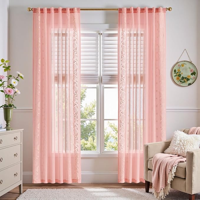jinchan Winslow Pink Sheer Curtains 84 Inch for Bedroom Living Room Embroidered Bordered Floral Nursery Curtains for Girls Room Dorm Light Filtering, Beige on Pink, 2 Panels, 50W x 84L