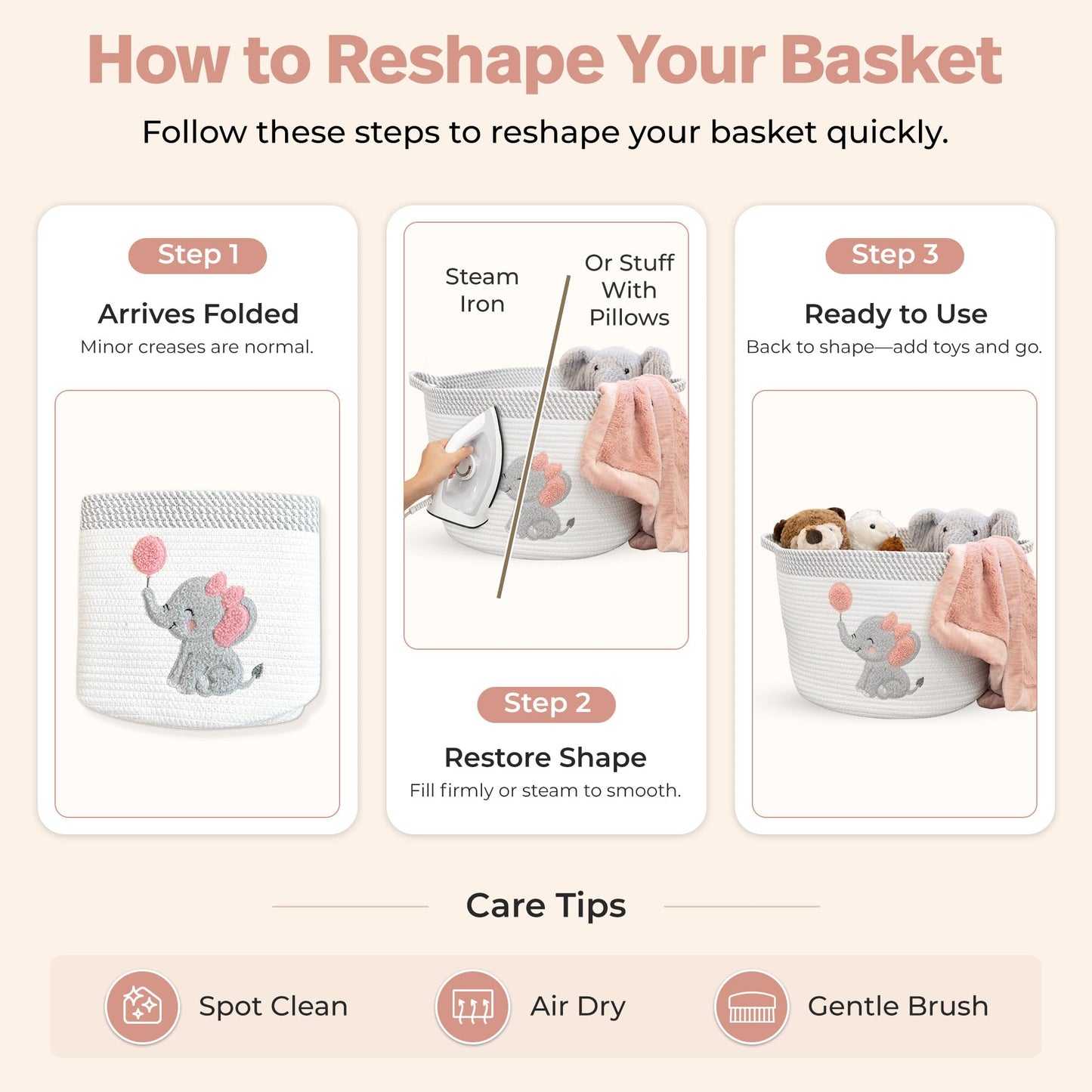 Elephant Storage Basket for Nursery – Large 15”x11” Cotton Rope Bin with Soft Felt Elephant Patch – Toy Organizer, Baby Laundry Hamper, Diaper & Towel Holder – Foldable, Washable & Baby-Safe
